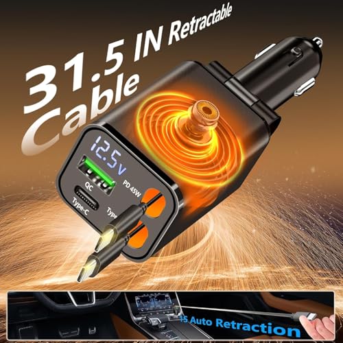 Retractable Car Charger, 120W USB-C Fast Charge Phone Charger for Car, 4-in-1 Dual Type-C Cables & USB-A QC Port, Car Charger for iPhone 17/16/15/14/13 Samsung Travel Essentials Gifts for Women & Men