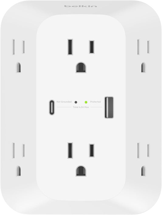 Belkin 6-Outlet Surge Protector Power Strip, ETL-listed, Wall-Mountable w/ 6 AC Outlets, Overvoltage Protection, LED Indicator, USB-C & USB-A Ports w/ USB-C PD Fast Charge - 1,680 Joules of Protection
