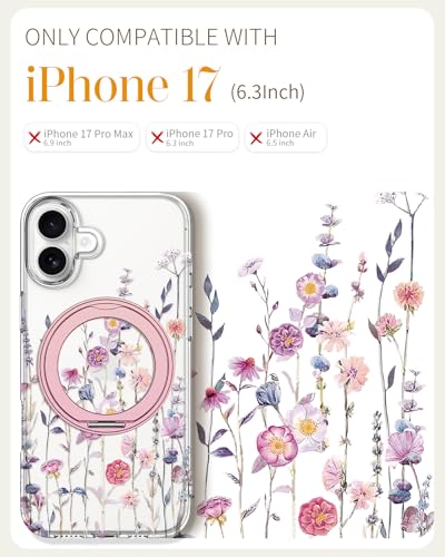 Loheckle for iPhone 17 Case with Stand- Compatible with MagSafe Women Girls Cute Clear Girly Aesthetic Unique Design Soft TPU Magnetic Ring Phone Cover for Apple 17, Purple Flower