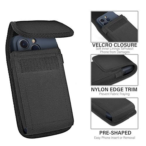 Holster for iPhone 17 16 15 14 13 12 11 Xs X XR/Pro Models, Cell Phone Belt Holder Case with Clip for Men, Heavy Duty Nylon Pouch (Fits Phone with Otterbox Cover on) Black