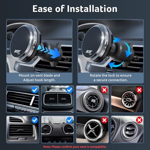 Acer Gadget 25W for MagSafe Car Mount Charger, Wireless Car Charger with Cooling Fan & Backlight, Vent Phone Mount with 45W Car Adapter, 360° Rotation Magnetic Phone Holder for iPhone 17/16/15/14/13