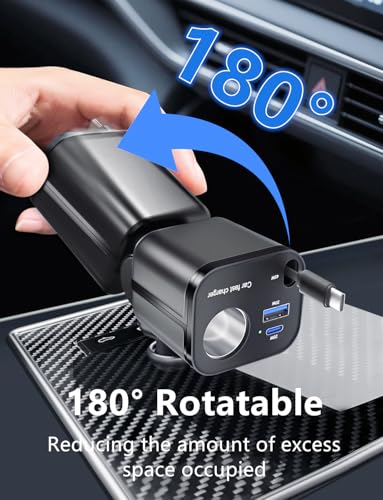 4 in 1 Retractable Car Charger, [60% Smaller] 145W USB C Cigarette Lighter Adapter, Socket Splitter with Retractable Cable&USB-C/A Port, 12V/24V Fast Charging Car Phone Charger for iPhone 17 Pro Max