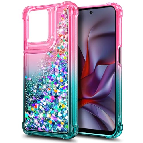 Designed for Motorola Moto G-2025/2026 & Moto G Play 2026 Case, Pink/Aqua | Bling Sparkly Glitter Floating Liquid Cute Phone Cover for Women Girls Kids with Diamond Wrist Strap Lanyard