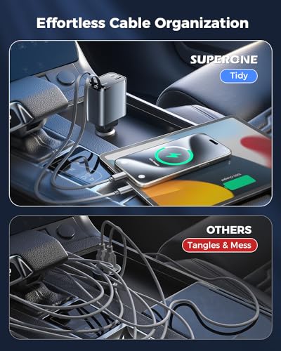 SUPERONE Smaller Retractable Car Charger with Dual Type C Cords, 69W Fast Retractable USB C Car Charger, 4 in 1 Car Accessories Car Chargers for iPhone 17 16 15 14 13 12 Galaxy Pixel