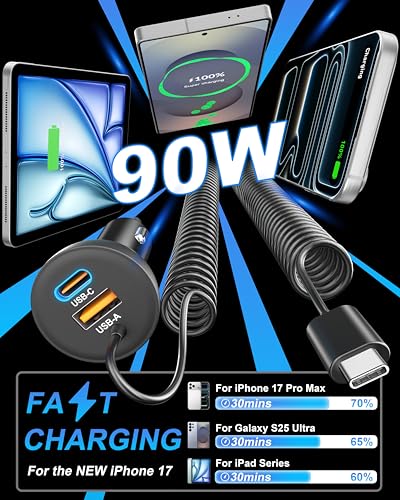 iPhone 17 16 15 Pro Max Car Charger Fast Charging, 90W 3-Port Car Charger USB C Fast Charge Cigarette Lighter Adapter with 4FT Coiled USB C Cable for iPhone 17/17 Pro Max/17e/Air/16/15 Pro/Plus, iPad