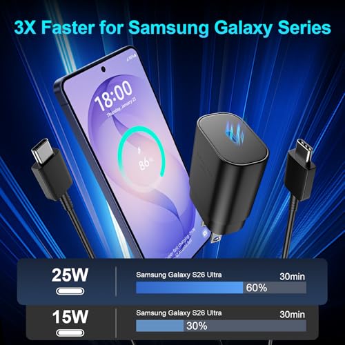 Super Fast Charger Type C, 25W USB C Wall Charger Fast Charging for Samsung Galaxy S26 Ultra/S26/S26+/S25 Ultra/S25/24 Ultra/S24/S23 Ultra/S22 Ultra with 10FT Long Android Type C Charger Cable 2Pack