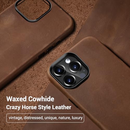 Belemay Compatible with iPhone 15 Pro Leather Case Magsafe - Top Grain Vintage Crazy Horse Leather - Metal Buttons & Camera Bezel Bump - Slim Fit & Soft - Premium Phone Cover (6.1-inch) Retro Brown