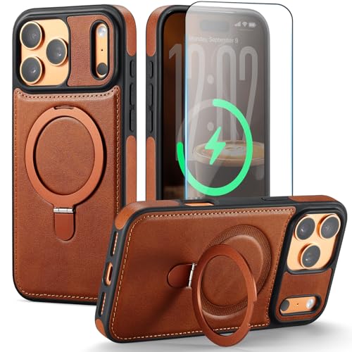 for iPhone 17 Pro Case with Stand Compatible with Magsafe, Brown | Magnetic Kickstand, with Tempered Glass Screen Protector, Durable PU Leather, Slim fit, Drop Proof Protective Phone Cover