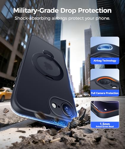 FNTCASE for iPhone 17e Case: iPhone 16e Phone Case [360 Spin Magnetic Stand] [Compatible with Magsafe] [Screen Protector] Translucent Matte Military Grade Shockproof Protective Phone Cover Black