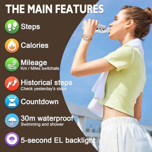 TIMEURE Pedometer Watch for Women, Step Counter Watch, No App or Charging | No App No Charging, with step, calorie and distance tracking, a steel mesh band and up to 12 months of use
