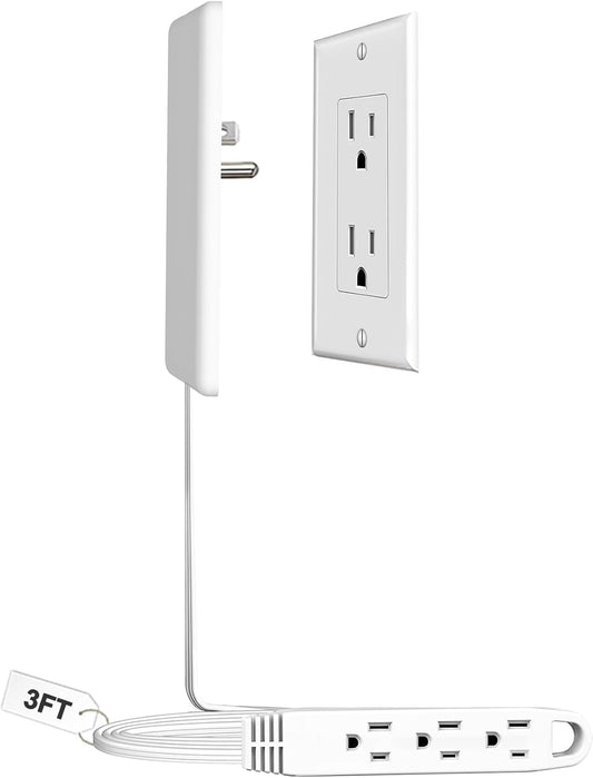 3FT Ultra Flat Plug Extension Cord Power Strip with 3 Outlets, Patented Detachable Ultra-Thin Outlet Cover Concealer & Ultra-Flat Plug, Max. 13A 125V 1625W ETL Listed, White Color