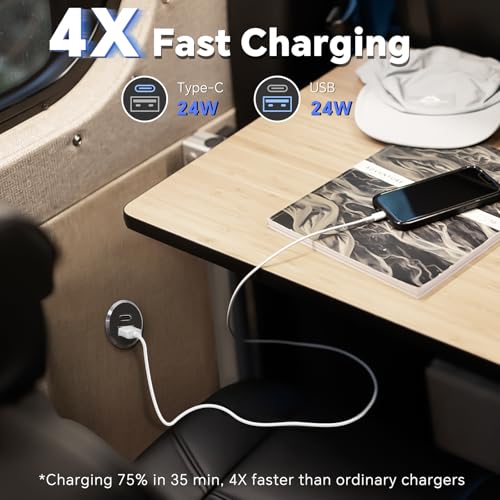 12V USB Outlet All-Aluminum QC 3.0 USB-A & USB-C PD3.0 Dual Fast Car Charger Socket, Recessed Mount Car USB Port for Car Truck Boat RV Camper Van Trailer (Small Version)