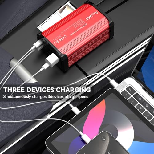 ALLWEI 300W Power Inverter 12V DC to 110V AC Car Inverter with 27W PD USB-C &18W USB-A Fast Charging, Car Charger Cigarette Lighter Adapter for Phone, Laptop and Small Devices on Road Trip-Red