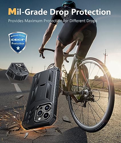 FNTCASE for iPhone 15-Pro-Max Case: Military Grade Drop Proof Rugged Protective Cell Phone Cover with Kickstand & Built-in Protector | Matte Textured Shockproof TPU Hybrid Bumper Cases (Black)