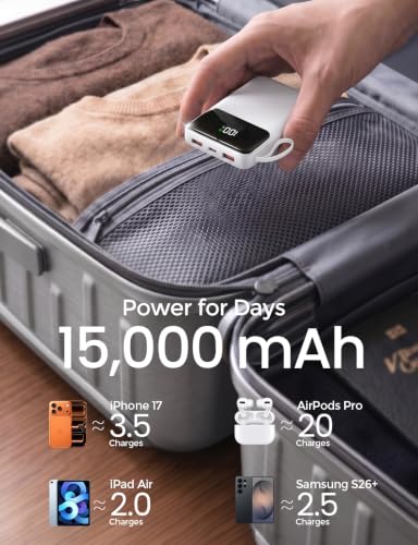 Power Bank, 22.5 W 15000 mAh Mini Power Bank, Fast Charging USB-C Portable Charger, PD 3.0 QC 3.0 External Mobile Phone Batteries, 6 Outputs & 3 Inputs, Compatible with iPhone, Tablet and More