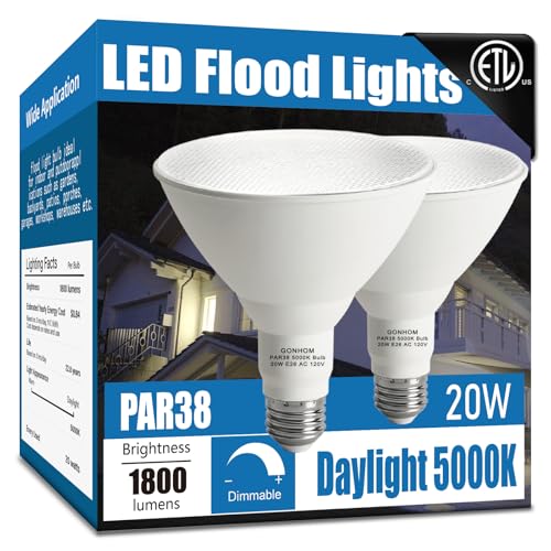 Par38 led Flood Lights Outdoor Light Bulb,Dimmable 1800LM,20W Replace up to 200W,Outdoor Flood Light Bulbs for Backyard,Garage,Porch,Garden,2 Pack 5000K Daylight