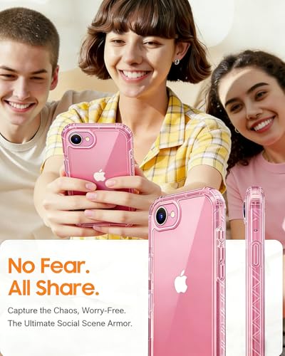 Lifedance Rugged Full-Body Case for iPhone 17e/16e, Built-in Screen Protector, 10FT Military Drop Tested, Clear Shockproof Phone Case Cover for iPhone 17e & 16e, Clear Pink