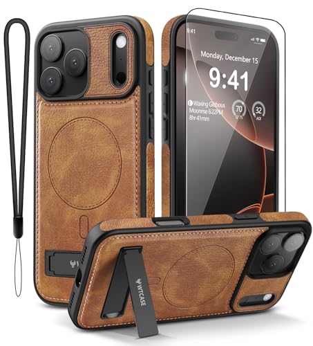 WTCASE Magnetic for iPhone 17 Pro Leather Case,Built-in Invisible Stand [Compatible with Magsafe] Protective Slim Kickstand Phone Cover for iPhone 17 Pro Case, Brown