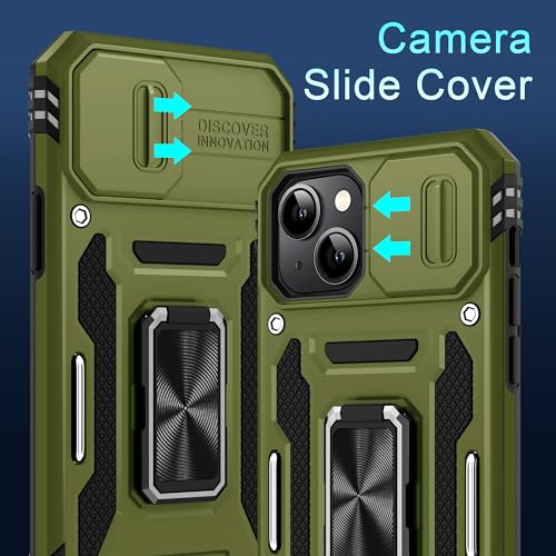 DEERLAMN Case for iPhone 15 with Slide Camera Cover + Screen Protector (2 Packs), Rotated Ring Kickstand Military Grade Shockproof Protective Cover-Olive Green