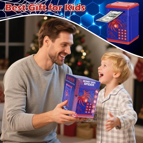 Spider Fingerprint Piggy Bank, ATM Piggy Bank for Kids Boys Girls, Kids Money Saving Box Money Safe (Blue)