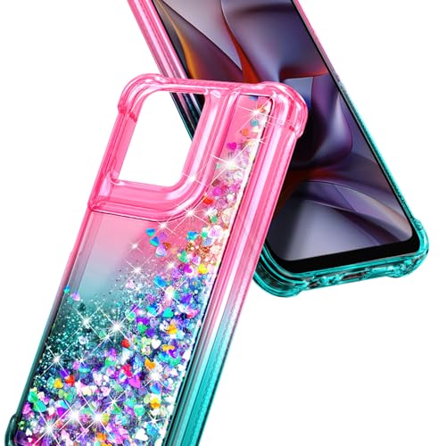Designed for Motorola Moto G-2025/2026 & Moto G Play 2026 Case, Pink/Aqua | Bling Sparkly Glitter Floating Liquid Cute Phone Cover for Women Girls Kids with Diamond Wrist Strap Lanyard