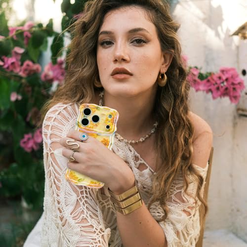 XIZYO Case for iPhone 17 Pro, Colorful Retro Oil Painting Flower Cute Floral Aesthetic Curly Wave Frame Laser Glossy Reflective Exquisite Stylish Protective Cover Women Girls-Sunflower/Yellow
