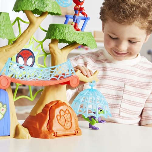 Marvel Spidey and His Amazing Friends Dino-Webs Treehouse Playset, Spider-Man & Goblin Raptor 4-Inch-Scale Action Figure Set, Ages 3 & Up