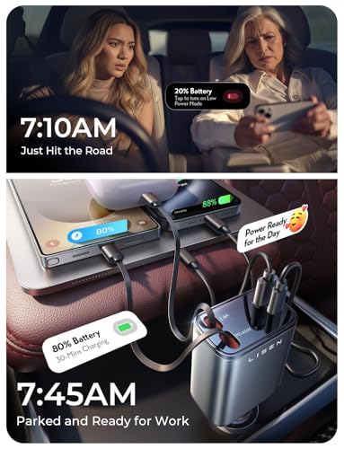 LISEN Retractable Car Charger, 84W Car Charger USB C Fast Charger, Cigarette Lighter USB Charger Adapter, Car Accessories Birthday Gifts for Men Women Dad Mom Husband, for iPhone 17 16 15 14 13 12 11