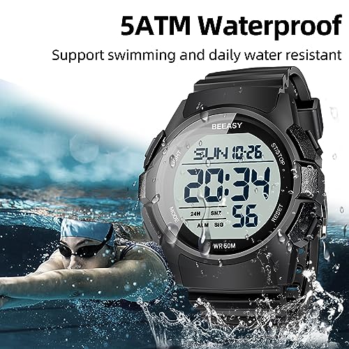 Beeasy Mens Digital Sports Watch, 50M Waterproof 49mm Rubber Strap Mens Watches with Stopwatch, Countdown Timer, Alarm & Dual Time—Ideal for Sport, Gym, Running, Referee, School & Daily Wear