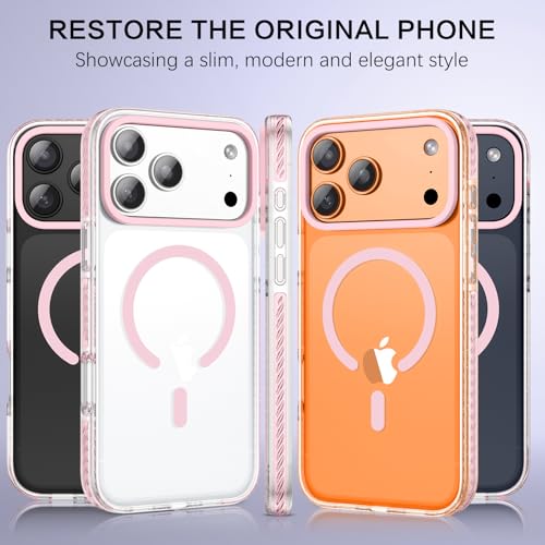 BENTOBEN Magnetic for iPhone 17 Pro 6.3" Case, Compatible with Magsafe Military Shockproof Protective Cute Transparent Slim Anti-Yellowing Phone Case for iPhone 17 Pro Cover, Clear Pink