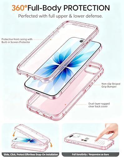 Lifedance Rugged Full-Body Case for iPhone 17e/16e, Built-in Screen Protector, 10FT Military Drop Tested, Clear Shockproof Phone Case Cover for iPhone 17e & 16e, Clear Pink