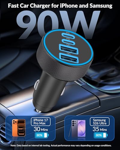 [4 in 1] USB C Car Charger, 4-Port 90W Super Fast Charging Cigarette Lighter Adapter, Dual 45W USBC & USB-A Multiport Car Phone Charger Accessories for iPhone 17 16 15 14 13 12, iPad, Galaxy, Tablet