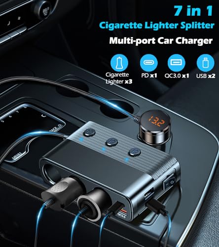 LIHAN 7-1 Cigarette Lighter Splitter,12V/24V Car Charger Adapter with 3 Socket Expander,PD30W Type-C,QC3.0 & Dual USB Ports,Independent Switches,Voltage Display,3.3FT Extension Cord fit Truck RV SUV