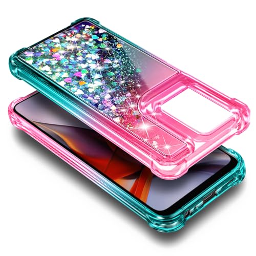 Designed for Motorola Moto G-2025/2026 & Moto G Play 2026 Case, Pink/Aqua | Bling Sparkly Glitter Floating Liquid Cute Phone Cover for Women Girls Kids with Diamond Wrist Strap Lanyard