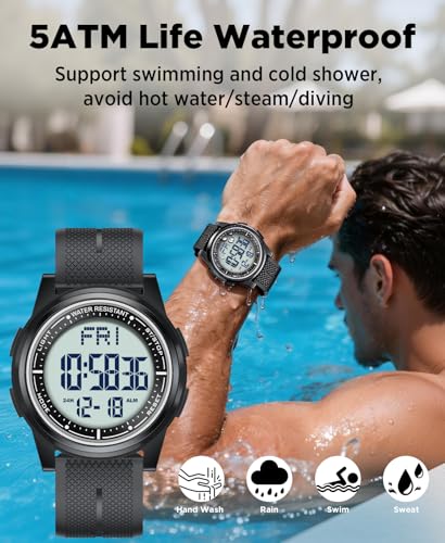 Beeasy Digital Watch for Men Women, 50M Waterproof, Ultra-Thin & Lightweight, 44mm Silicone Sports Watch with Alarm, Stopwatch, Countdown, Ideal for Gym, Running, School, Daily Wear