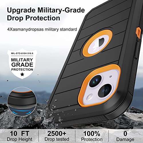for iPhone 14 Case with 2 Screen Protector,Full Body Shockproof Drop Protection Dust Proof Heavy Duty 3-Layer Rugged Durable Military Grade Cover for Apple iPhone 14 6.1" (Black/Oranger)