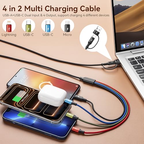 MINLU Dual USB-C 4 in 2 Multiple Charging Cable for All Devices with USBC/Lightning/Micro Ports,Type C Cable iPhone Charger Cord,Travel Car Charger for iPhone Series,Android,iPad,Kindle,PS - 2Pack/6Ft
