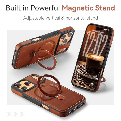 for iPhone 17 Pro Case with Stand Compatible with Magsafe, Brown | Magnetic Kickstand, with Tempered Glass Screen Protector, Durable PU Leather, Slim fit, Drop Proof Protective Phone Cover