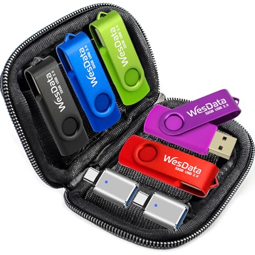 5 Pack 64GB USB Flash Drive and 2 Pack USB C Adapters in a Case, Thumb Drives Memory Stick Storage and Backup for Smart Phones with Type C Port, Laptops, PC(5 Colors) (64, GB)