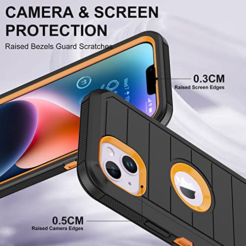 for iPhone 14 Case with 2 Screen Protector,Full Body Shockproof Drop Protection Dust Proof Heavy Duty 3-Layer Rugged Durable Military Grade Cover for Apple iPhone 14 6.1" (Black/Oranger)