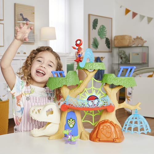 Marvel Spidey and His Amazing Friends Dino-Webs Treehouse Playset, Spider-Man & Goblin Raptor 4-Inch-Scale Action Figure Set, Ages 3 & Up