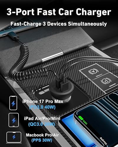 iPhone 17 16 15 Pro Max Car Charger Fast Charging, 90W 3-Port Car Charger USB C Fast Charge Cigarette Lighter Adapter with 4FT Coiled USB C Cable for iPhone 17/17 Pro Max/17e/Air/16/15 Pro/Plus, iPad