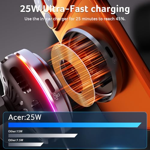 Acer Gadget 25W for MagSafe Car Mount Charger, Wireless Car Charger with Cooling Fan & Backlight, Vent Phone Mount with 45W Car Adapter, 360° Rotation Magnetic Phone Holder for iPhone 17/16/15/14/13