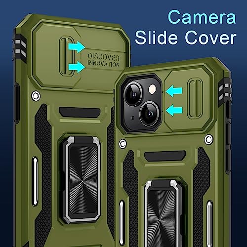 DEERLAMN Case for iPhone 13/iPhone 14 6.1-Inch with Slide Camera Cover+Screen Protector(2 Packs),Rotated Ring Kickstand Military Grade Shockproof Protective Cover-Olive Green