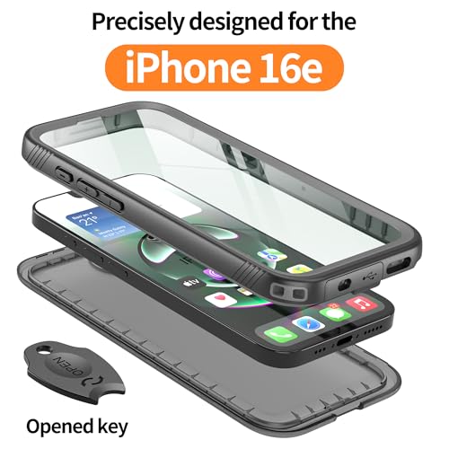 Cozycase TOP Military Protective IP68 Waterproof Case for iPhone 16e/iPhone 17e Heavy Duty 360 Shockproof Full Body with Screen Camera Protector Double Dustproof Hard Tough Front Back Cover Black
