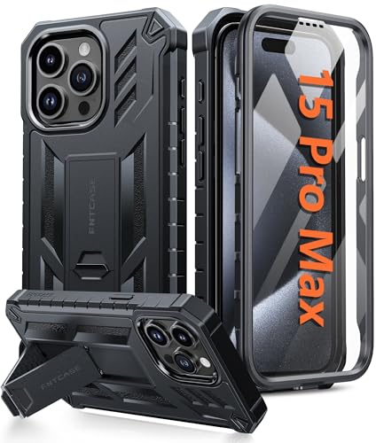 FNTCASE for iPhone 15-Pro-Max Case: Military Grade Drop Proof Rugged Protective Cell Phone Cover with Kickstand & Built-in Protector | Matte Textured Shockproof TPU Hybrid Bumper Cases (Black)