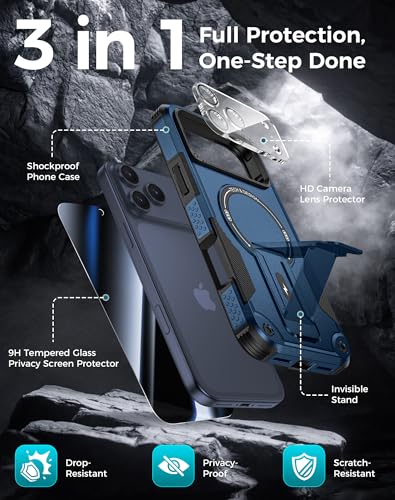 Goton for iPhone 17 Pro Case with Privacy Tempered Glass Screen Protector & Camera Lens Protector, Compatible with MagSafe, Invisible Kickstand, Shockproof Phone Cover, Blue