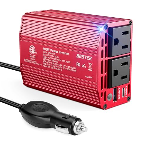 BESTEK 400W Car Power Inverter for Vehicles – DC 12v to AC 110v Car Plug Adapter Outlet with PD 30W USB-C &USB-A 3.0 Fast Charging, Car Charger Cigarette Lighter Adapter for Laptop, Road Trip, Camping