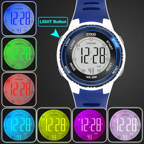 DTKID Digital Kids Watch 30 M Waterproof, 7 Color Lights Time Teaching Watch Easy to Read for Girls Boys 5-16