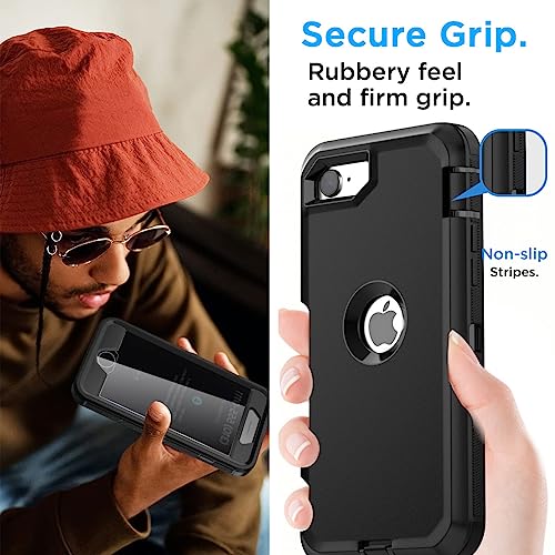 AICase for iPhone SE Case 3rd & 2nd Generation, for iPhone SE 2022/2020 Built-in Screen Protector Heavy Duty Protective Shockproof 3-Layer Full Body Rugged Phone Cover, Black